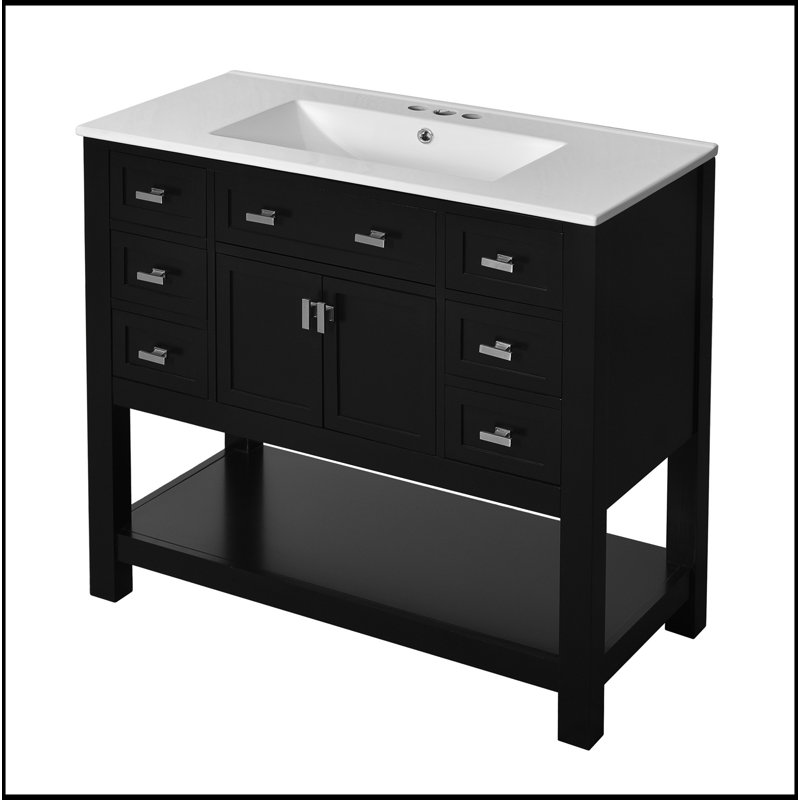 Meuble-lavabo 36 po avec lavabo supérieur, armoire de rangement moderne avec 2 portes à fermeture douce et 6 tiroirs, meuble-lavabo simple