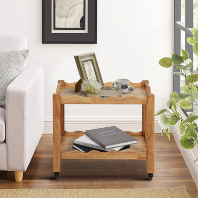 Table d'appoint roulante en bois d'hévéa massif, 2 niveaux avec roues verrouillables et plateau amovible, robuste et durable pour chariot de bar, table de chevet, table de bout, table de canapé
