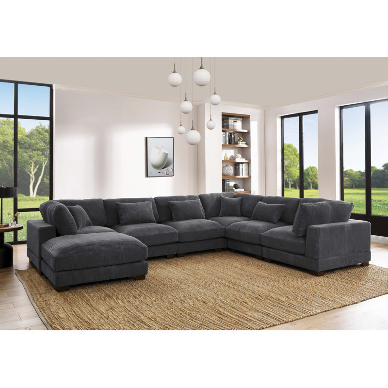 Arliz 7 - Piece 144" Wide Reversible Modular Corner Sectional with Ottoman, Gray Corduroy