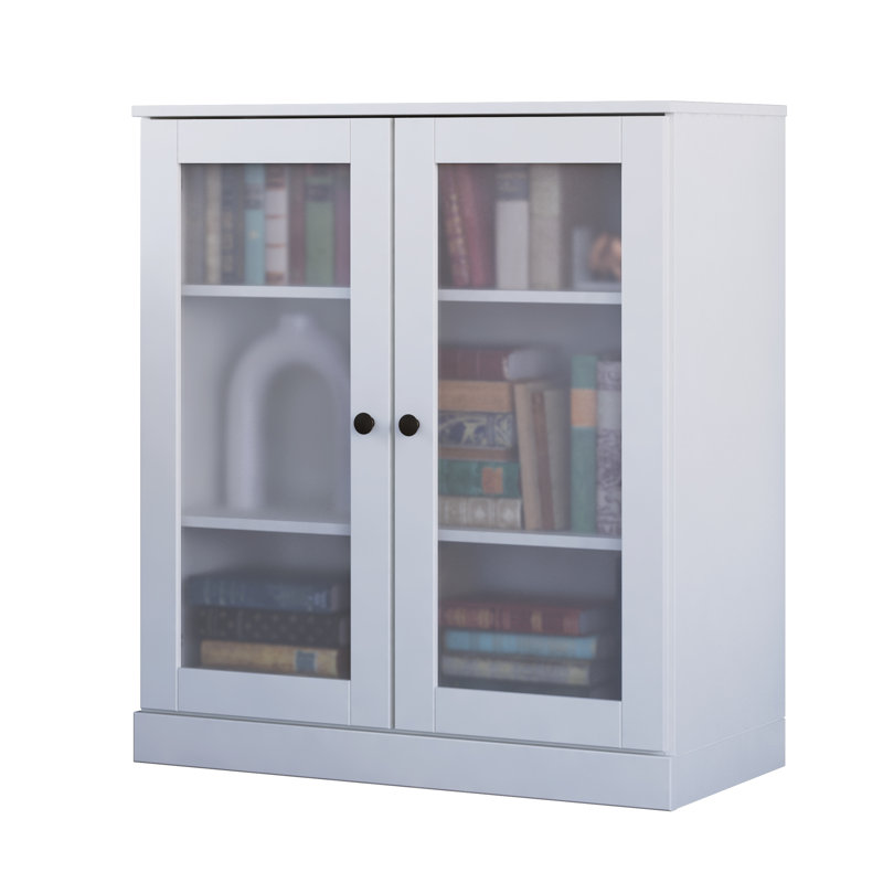 Palace Imports 100% Solid Wood 3-Shelf Bookcase, Frosted Glass Doors, Adjustable Shelves, 32" Wide, 35.75" Tall, White