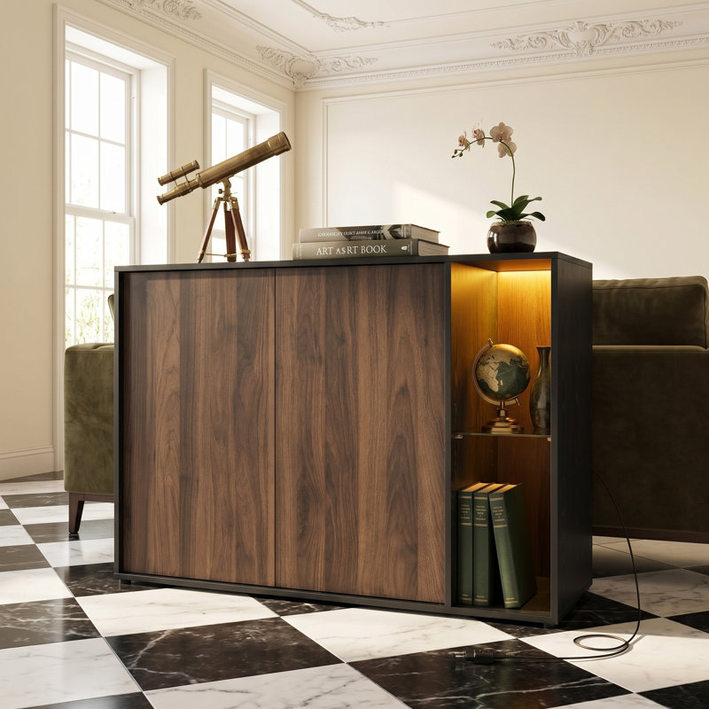 Armoire de rangement avec assemblage sans outils Superfast - Buffet décoratif avec éclairage et tablette en verre, buffet de salon, noyer naturel et noir ébène