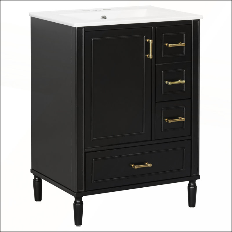 Meuble-lavabo moderne 24 po avec lavabo en céramique, porte à fermeture douce, 3 tiroirs, poignées dorées et support de porte