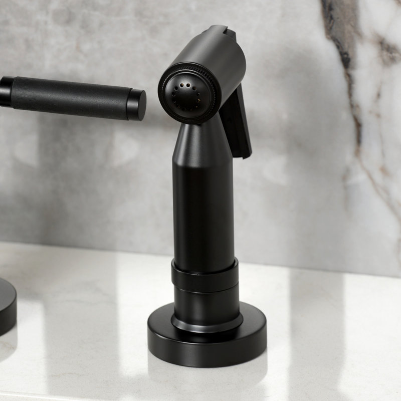 Kingston Brass Kaiser Two-Handle 4-Hole Deck Mount Bridge Kitchen Faucet with Brass Side Sprayer, Matte Black