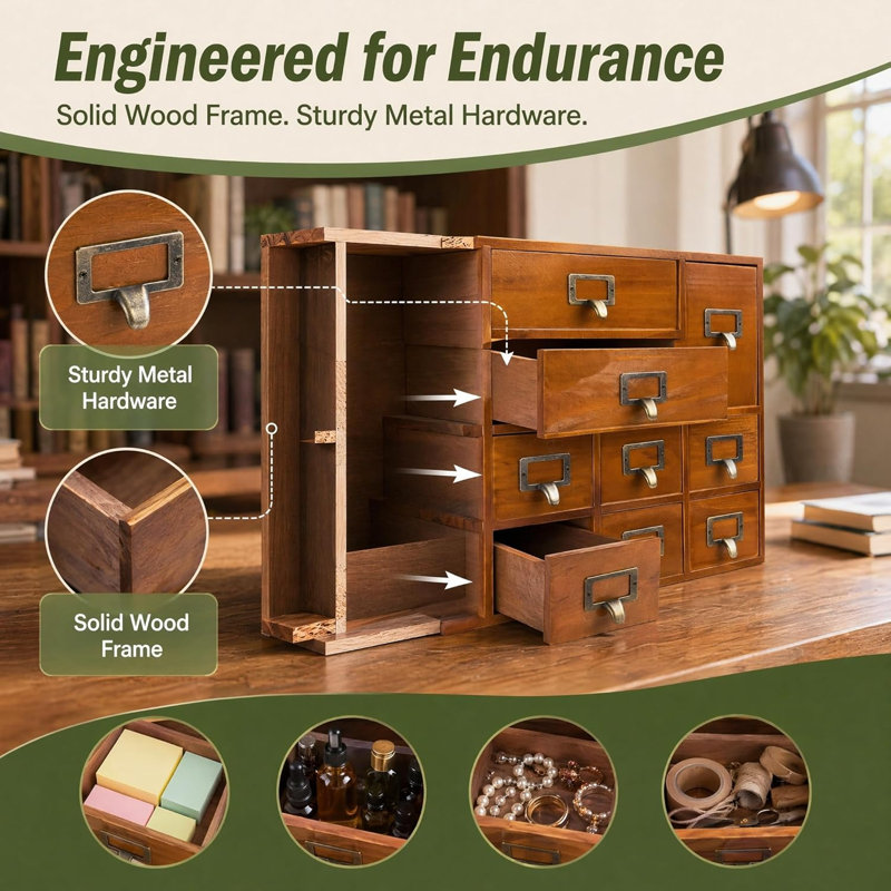 Wooden Apothecary Cabinet 12 Drawers, Vintage Desk Organiser
