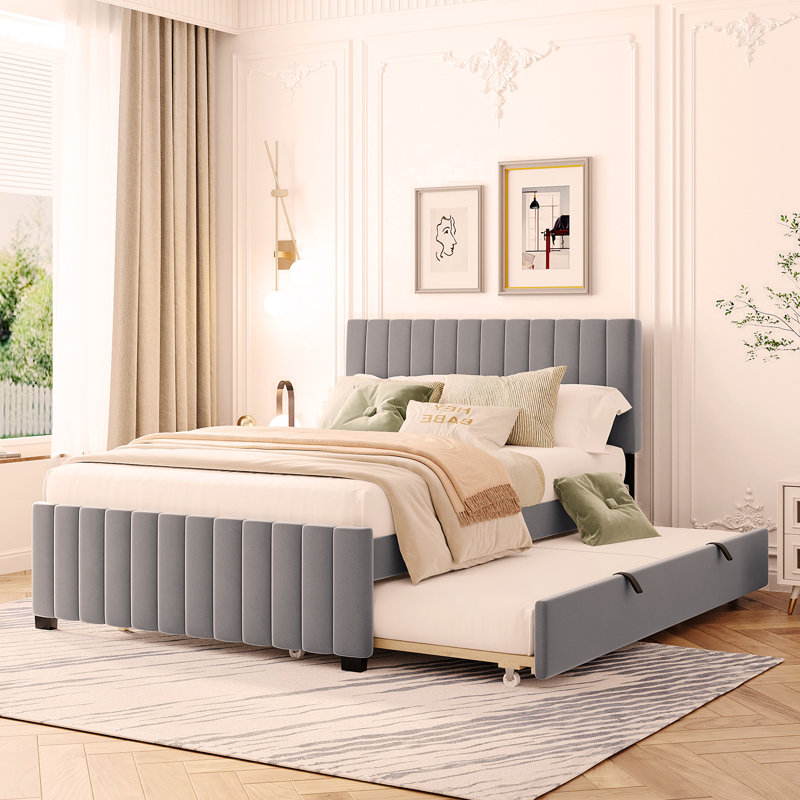 Lit plateforme tapissier en velours avec lit gigogne