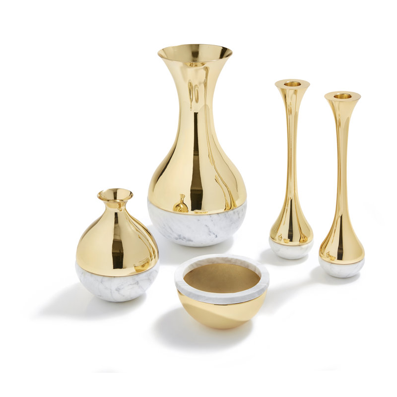 Carrara Marble and Brass Dual Taper Candlesticks Set