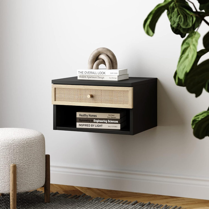 Jackson Rattan Floating Nightstand With Storage Drawer And Open Shelf, Black