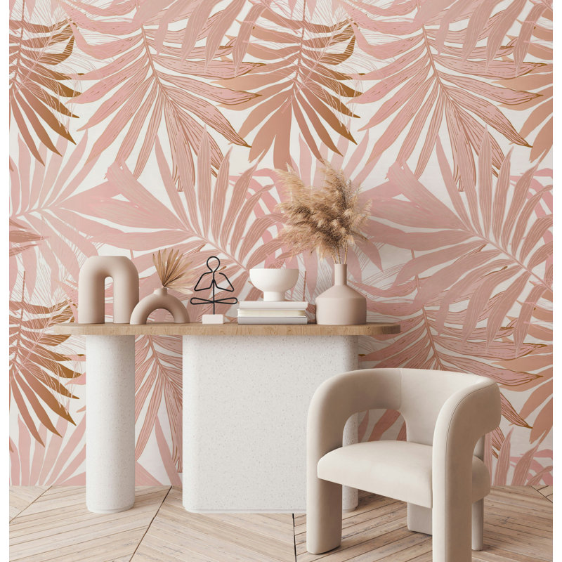 Papier peint à feuilles de palmier tropical sur fond blanc, L 115 po x l 225 po