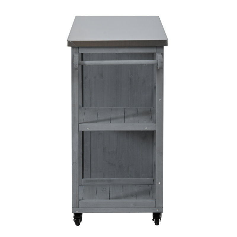 Outdoor Fir Wood Kitchen Island Cart with Stainless Steel Top, Lockable Design, Towel & Spice Racks for Patio, Gray
