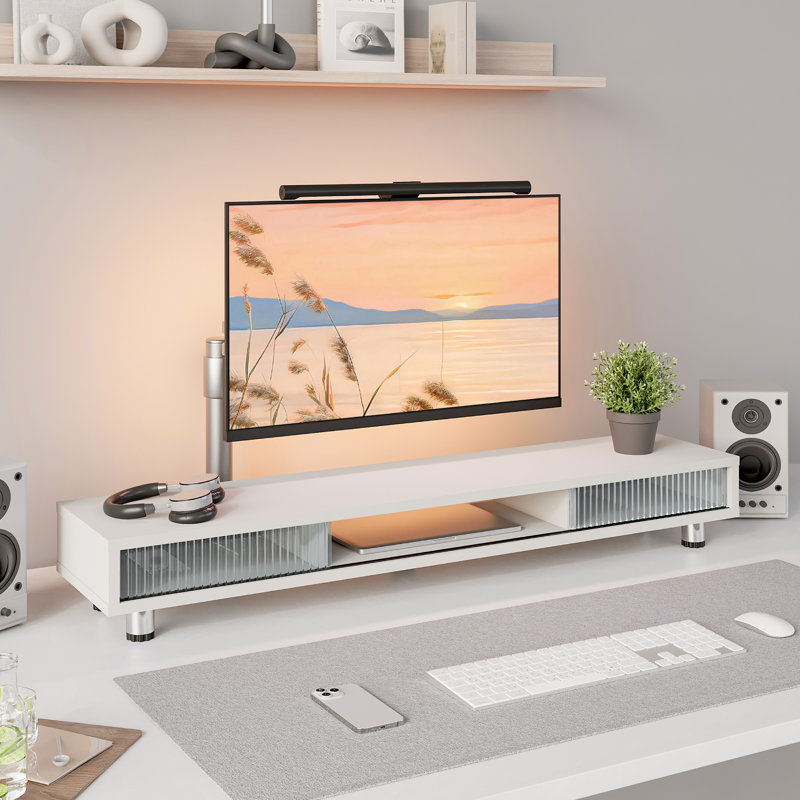 Long Monitor Stands Riser for 2 Monitors with Sliding Door, White