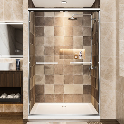 Aluminum Frame Double Sliding Shower Door, 72" H, 48" W, 1/4"  6Mm  Tempered Glass With Film, Stainless Steel Handles, Adjustable And Easy To Install In Bathroom Clear - Breakage Reversible Width For