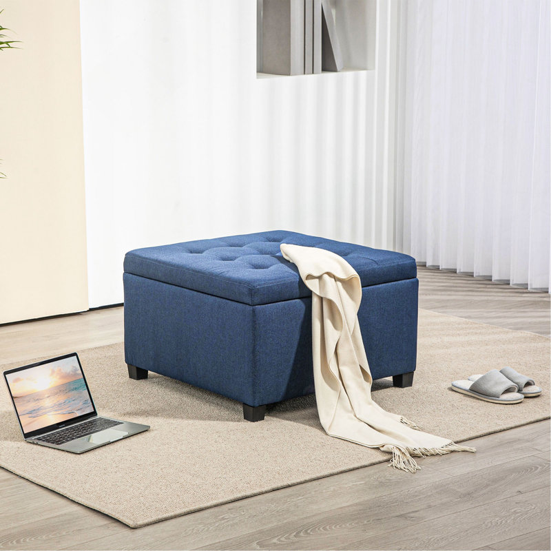 Repose-pieds de rangement capitonné en tissu avec couvercle de siège rabattable, charnière en métal et structure stable en bois d'eucalyptus pour le salon, l'entrée ou la chambre à coucher