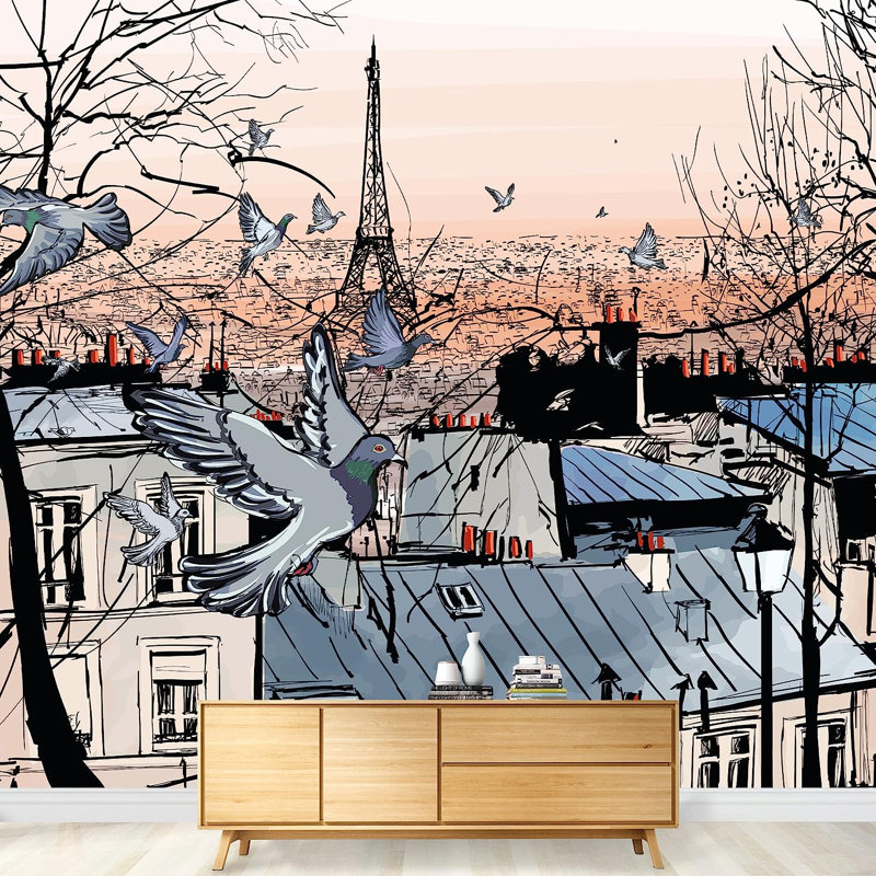 Vector Montmartre in Paris with Eiffel Tower Paintable Wall Mural, 66" L x 96" W