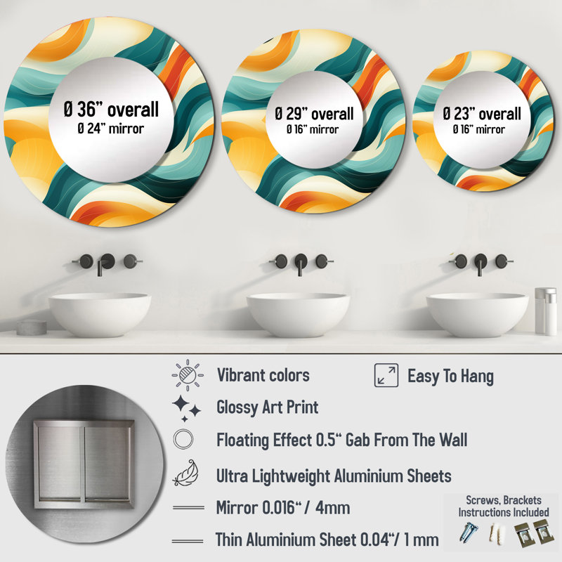 Mod Wave Revival - miroir mural Mid-Century, miroir Mid-Century moderne, impression sur métal, 23 po x 23 po, Rond