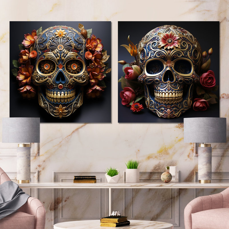 Or floral, crâne mexicain I - ensemble de 2 reproductions d'art mural tête de mort, Toile tendue, H 16 po x l 33 po x P 1 po