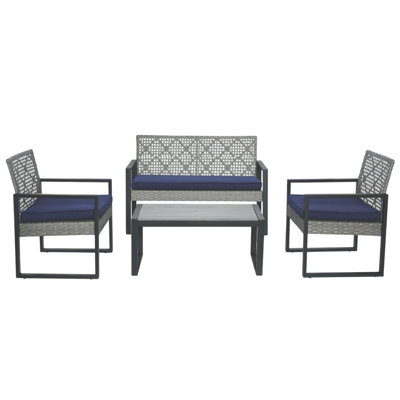Ensemble de mobilier d'extérieur 4 pièces, ensemble de conversation en rotin avec plateau de table en bois d'acacia, coussin bleu et pelouse gris clair pour terrasse