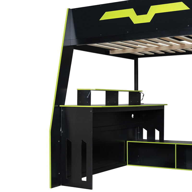 Lit mezzanine en bois avec bureau, tablettes multiples et lumière RVB, table avec emplacement réglable, Vert