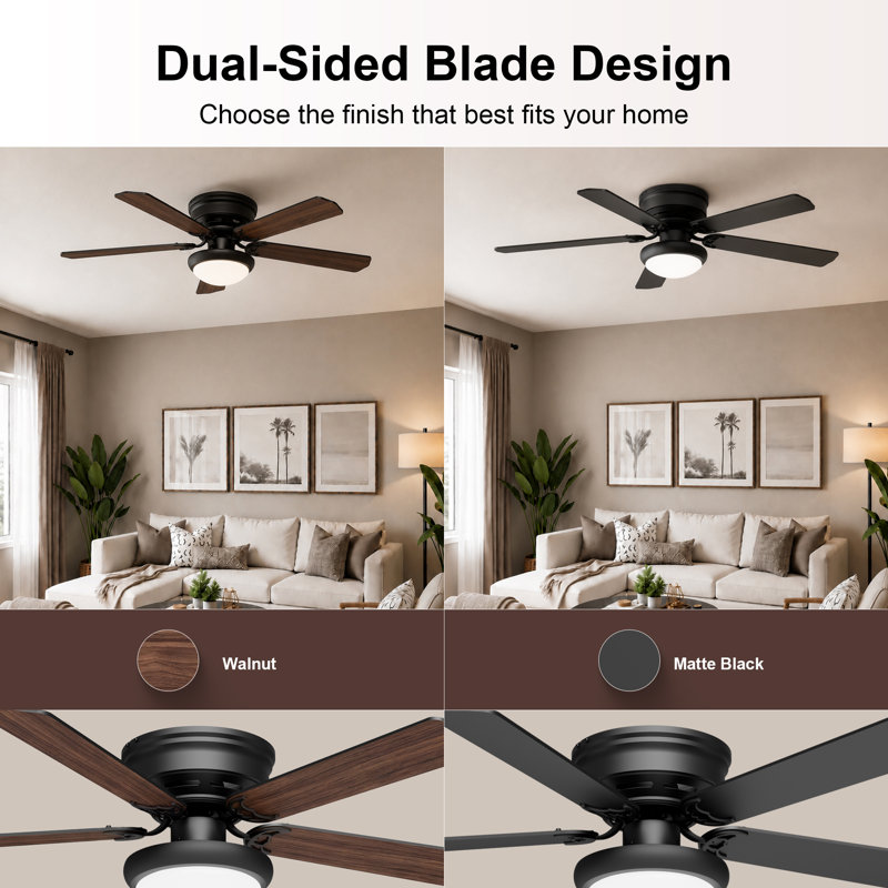 52" Flush Mount Ceiling Fan with Light,  Dual-Sided 5-Blade High Airflow 6-Speed Low Noise DC Motor Reversible Airflow Low Profile Ceiling ﻿