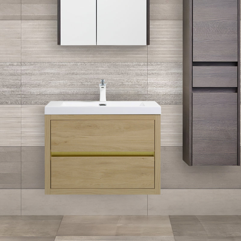 Meuble-lavabo mural 30 po, brillant, Bois naturel
