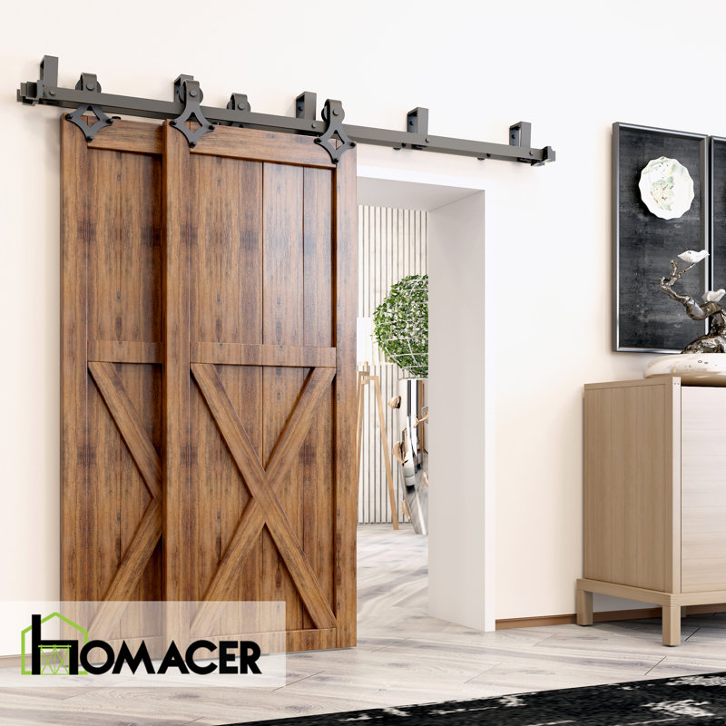 Black Rustic Diamond Design Double Track Bypass Barn Door Hardware Kit For Two Use( Door Not Included), 96 in.