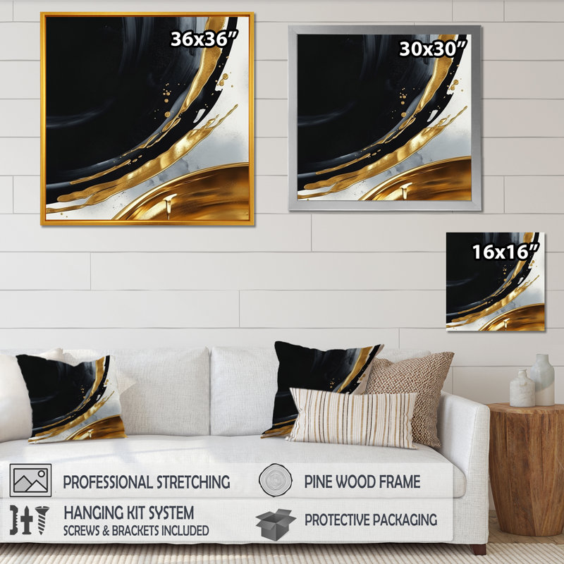 Formes abstraites noires et or marbre I - décoration murale en marbre abstrait, H 36 po x l 36 po x P 1,5 po, Toile tendue