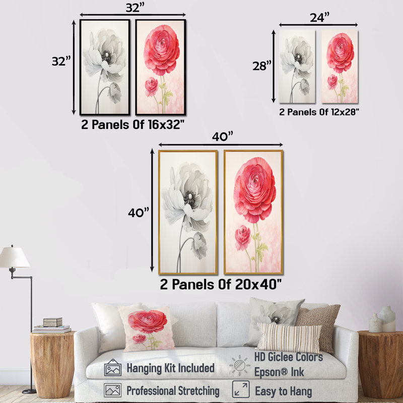 Ensemble de 2 décorations murales rétro Ranunculus Dreams - Ranunculus, H 28 po x l 25 po, Encadrement doré