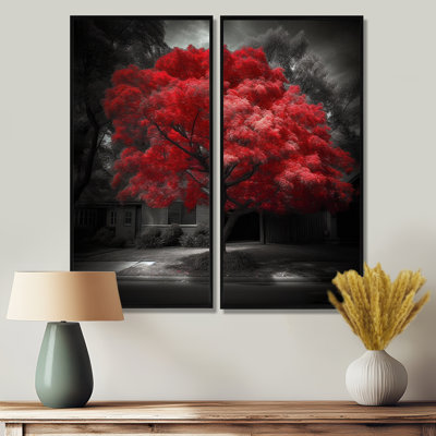 Red Tree Blossom Haven II - Red Modern Wall Art 2 Panels