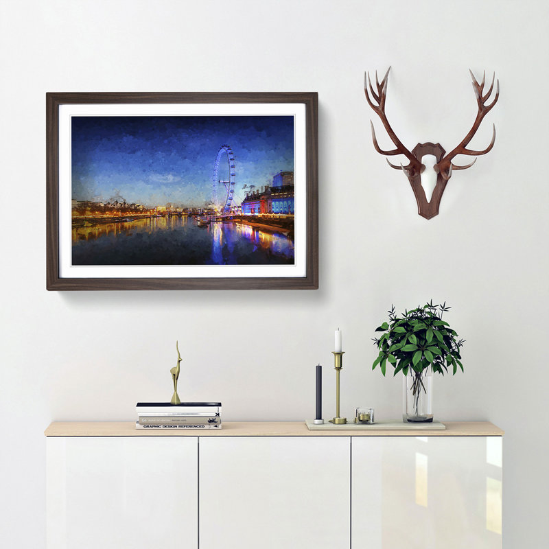 The London Eye & Thames River in Abstract - Picture Frame Painting Print, Walnut Framed, 62cm H x 87cm W x 2cm D