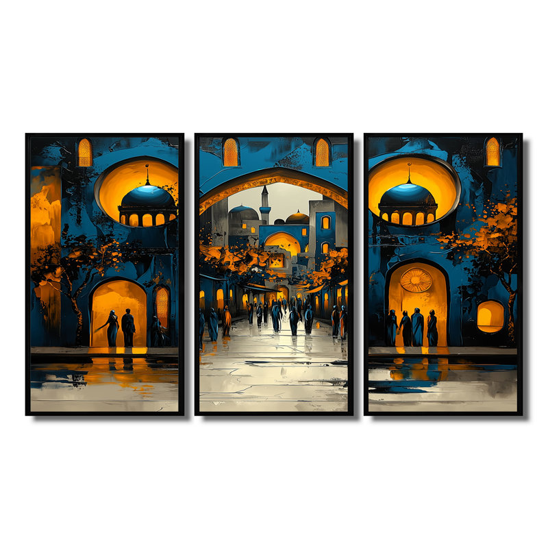 Ensemble de décorations murales bleues et jaunes, Grand Bazar I, Toile avec cadre flottant noir, H 28 po x l 36 po x P 1 po
