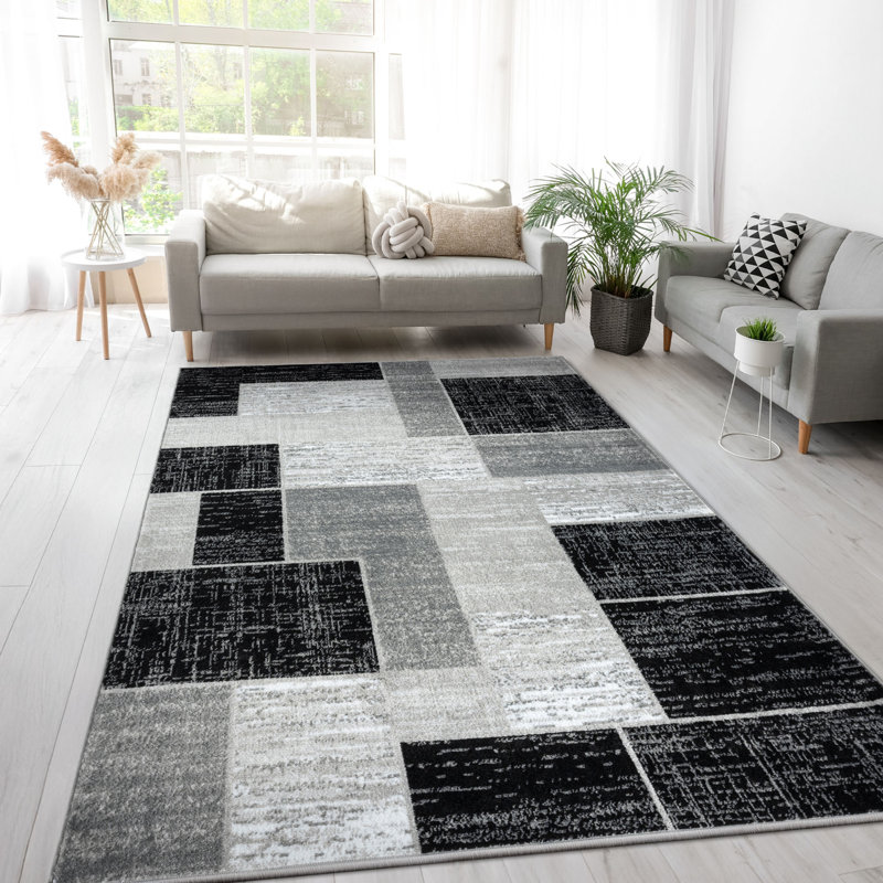Tapis gris / noir à motif géométrique Jamaal, Rectangle 8 pi x 10 pi