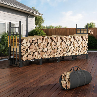6FT Black Firewood Rack Log Carrier Bag, Heavy Duty Wood Storage Organizer Indoor & Outdoor