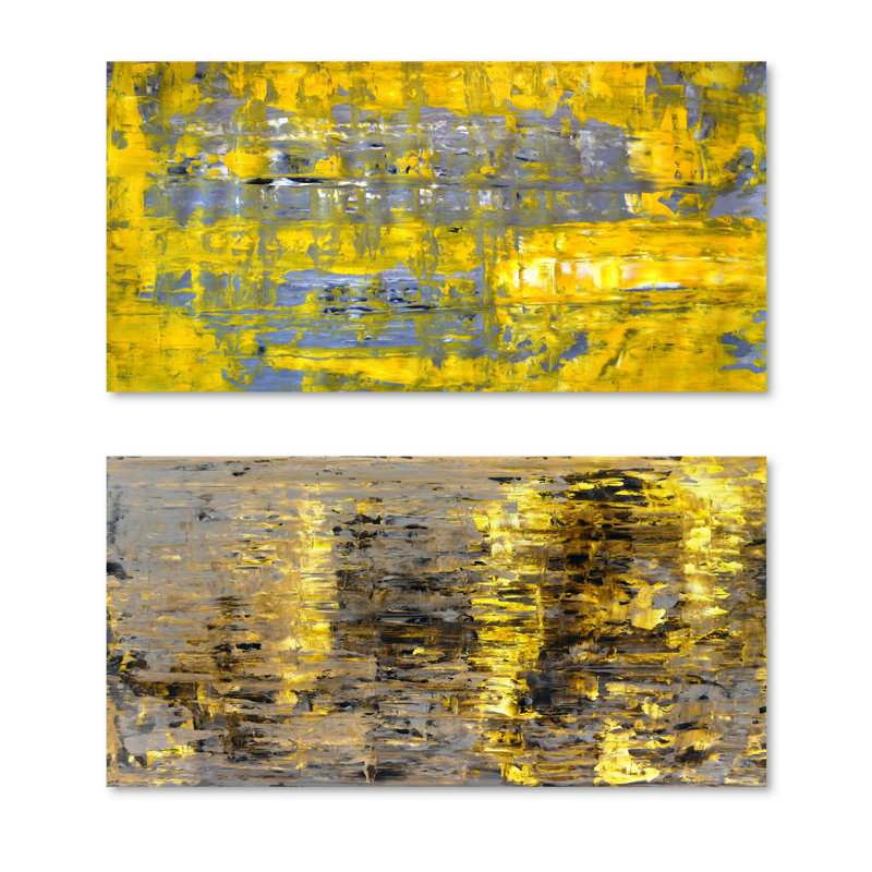 «Yellow Meets Gray Abstract Art», ensemble de 2 peintures sur toile tendue, H 16 po x l 64 po x P 1 po