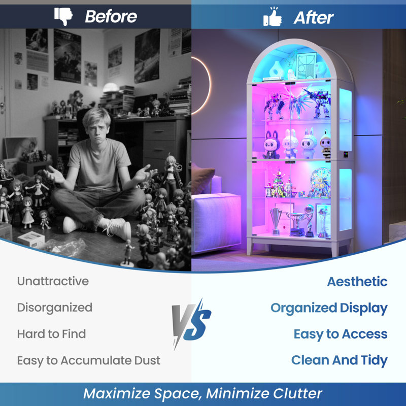 175cm H x 75cm W Modern Arched Glass Bookcase with RGB LED Lighting & Removable Shelves, White