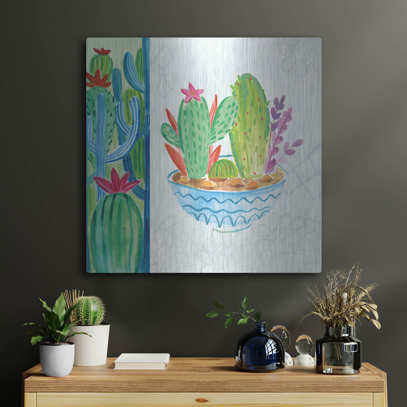 Art mural en métal luxueux «Cacti Garden 2 No Birds and Butterflies» par Farida Zaman, 24 po x 24 po, H 24 po x l 24 po