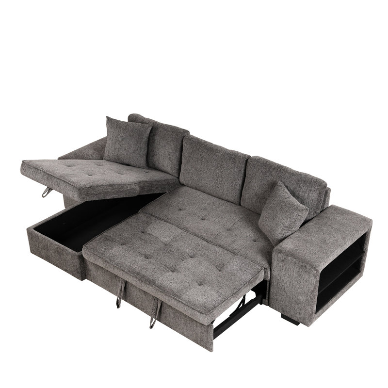 104.5" L-Shape Reversible Sectional With Sleeper And Chaise Storage, Charcoal 3 Seat Bed Storage 2 Stools, Linen Fabric, Color Scheme