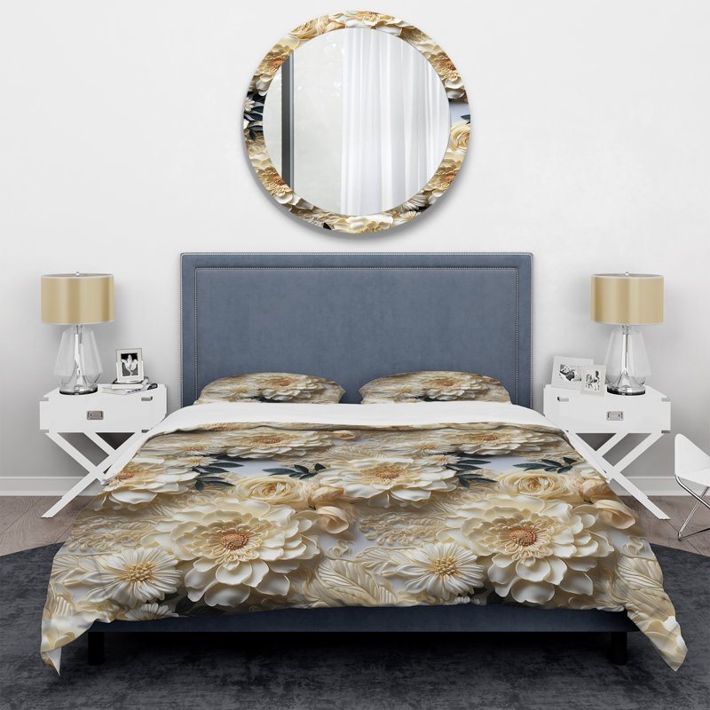 Ensemble de housse de couette Vintage White Flower Lace Bliss II Hamdah, Housse de couette simple + 1 taie décorative stan