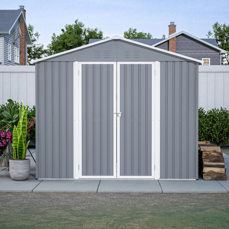Remise de rangement extérieure 8 x 12 pi, grand rangement pour outils en métal avec cadre en aluminium et portes verrouillables, rangement pour pelouse de jardin