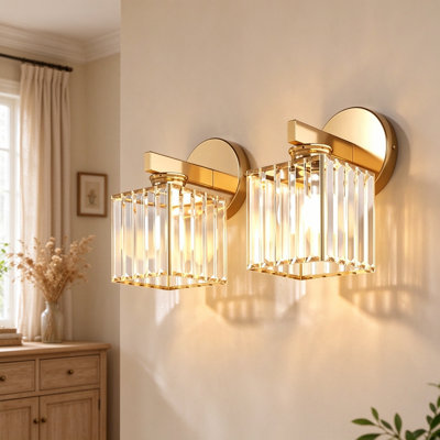 Modern Gold 2-Light Crystal Wall Sconce, Square Fluted Crystal Shade Bathroom Vanity Light Fixture, E26 Base Wall Lamp for Bathroom Mirror Bedroom Hallway