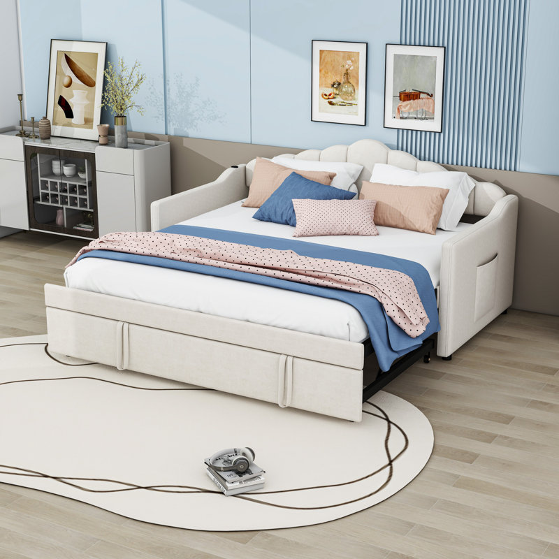 Twin Upholstered Daybed with Pop Up Trundle, USB Port and Side Pockets, Beige