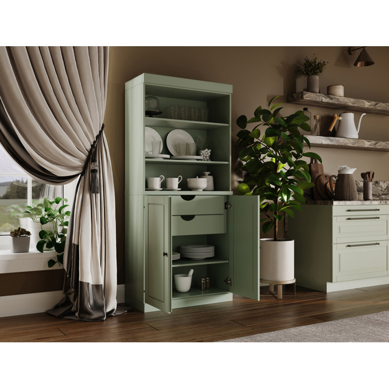 Garde-manger Birce 100% bois massif 32 po avec portes solides, 2 tiroirs et tablettes réglables, Sauge