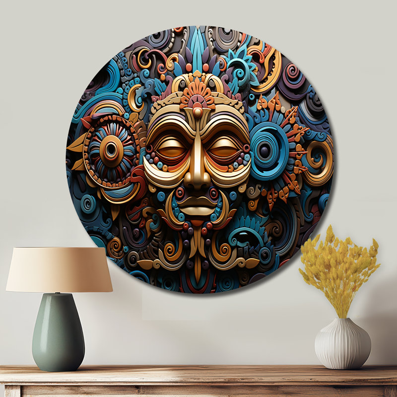 Masque aztèque vibrant I / Teal Mexico, H 16 po x l 16 po