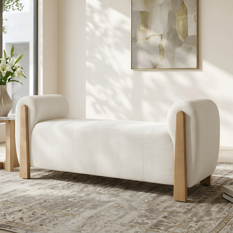 Upholstered Bench With Solid Wood Legs, Living Room Bench, Beige