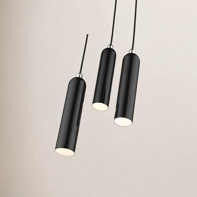 Luminaire suspendu cylindrique à 3 lumières Halle, Noir brillant