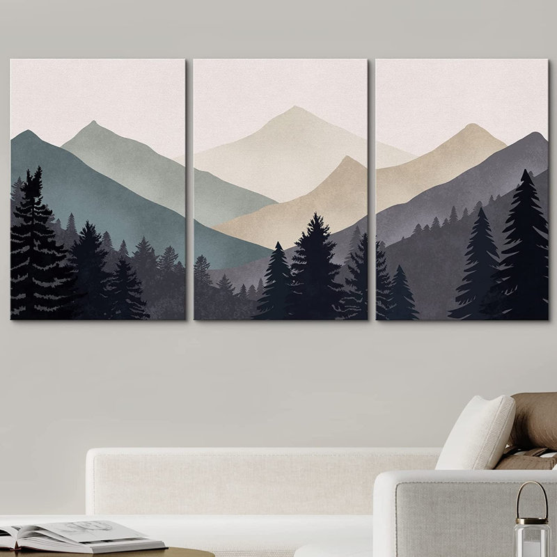 «Sun Mountain Landscape», œuvre abstraite de forêt neutre, images murales minimalistes modernes, impression sur toile encadrée, 3 pièces