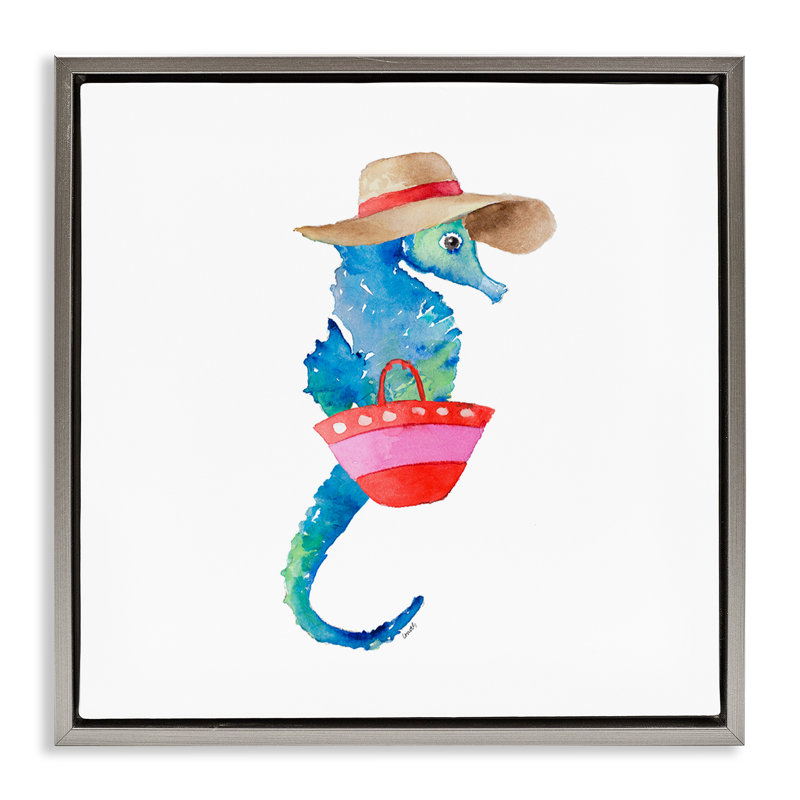 «Seahorse in Beach Hat», art mural encadré flottant par Lanie Loreth, Cadre flottant gris lustré, H 18 po x l 18 po