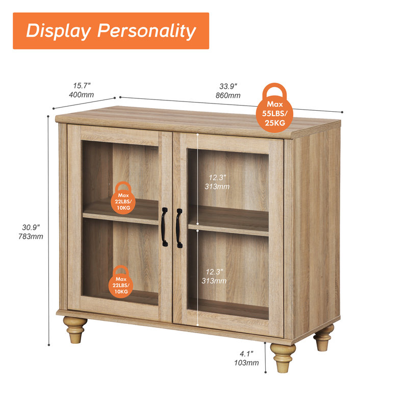 Scarlett Sideboard Cabinet With Bar Hutch, Buffet Cabinet With 2 Glass Doors, Oak