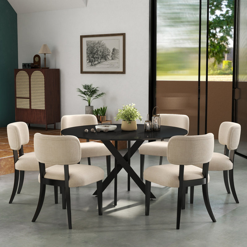 Ensemble de salle à manger à piédestal rond avec chaises rembourrées, 7 pièces : table, 6 chaises, Noir