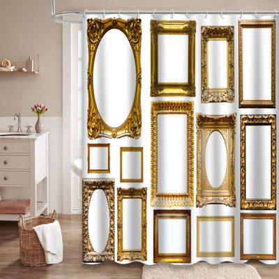 Rideau de douche mural or blanc victorien baroque orné de 12 crochets