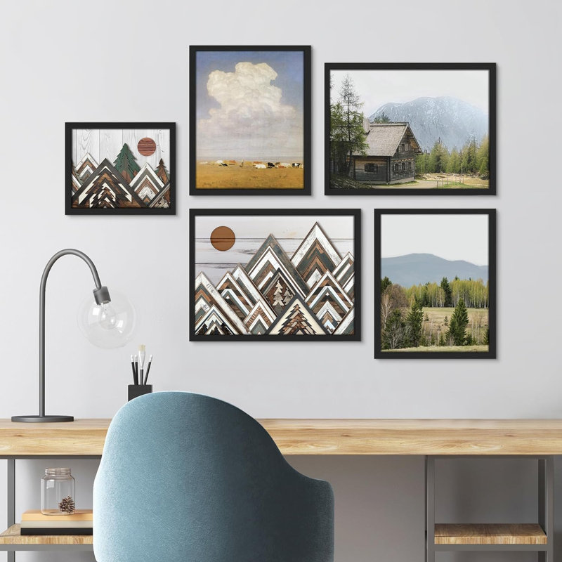 «Mountain Range Sun Forest Nature», art numérique moderne pour le salon, la chambre à coucher, le bureau, impression encadrée sur papier, 5 pièces