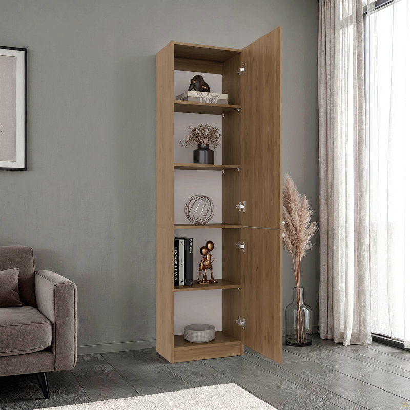 Grande bibliothèque autoportante Home avec portes doubles et 5 tablettes de rangement intérieures, armoire de rangement verticale pour le salon, le bureau ou la chambre à coucher